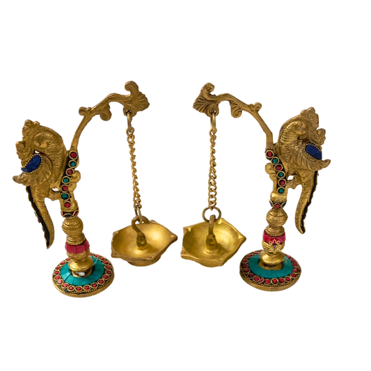 MadhuraPakshi Deep – Brass Hanging Parrot Diya Set with Stone Work – Brass | Pooja Items | Diwali Gifting | Home Decor | Housewarming Gift