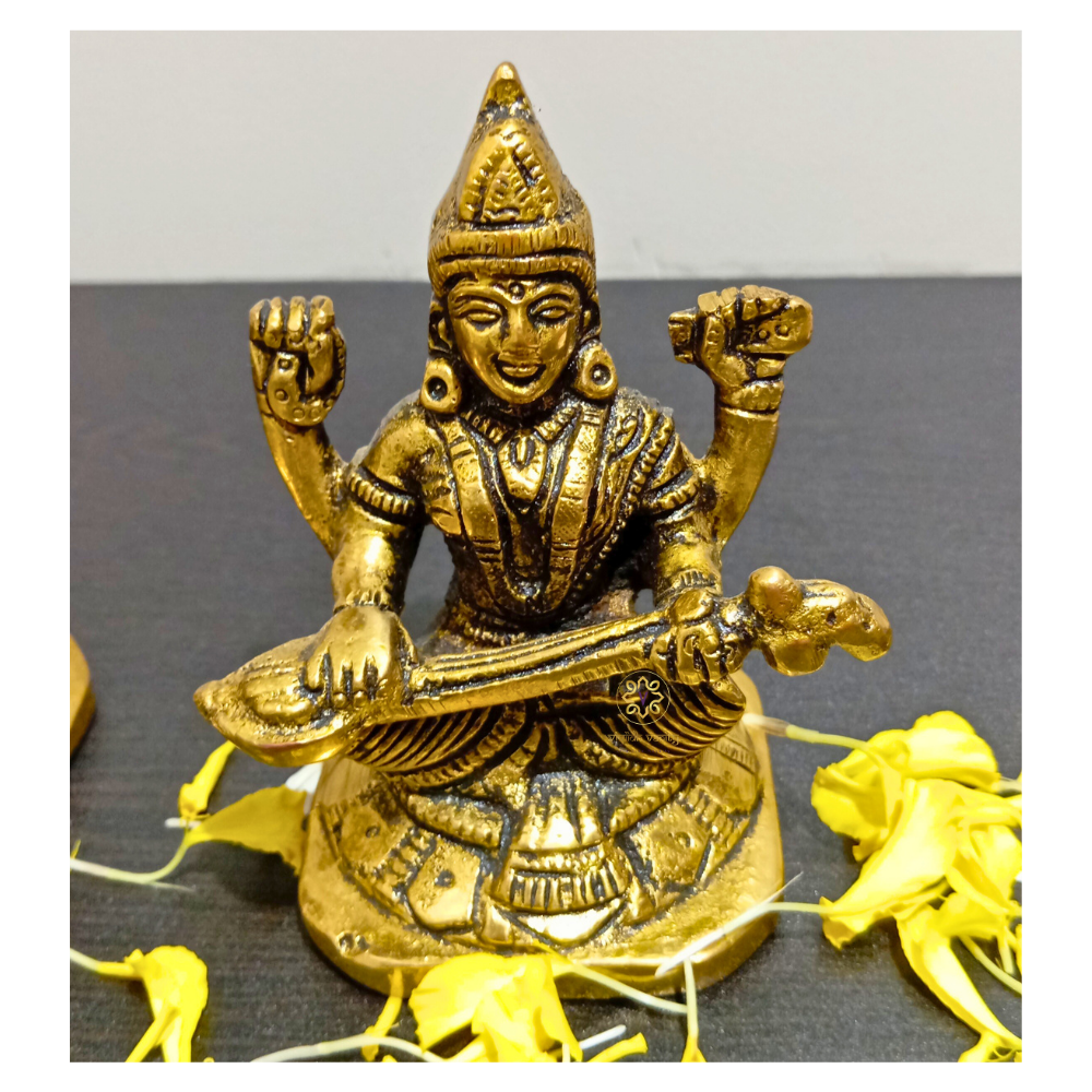 Triveni Sampatti Set – Brass Idol Trio of Lakshmi, Ganesha & Saraswati in Antique Finish – Brass | Pooja Decor | Wedding Gift | Home Decor | Housewarming Gift