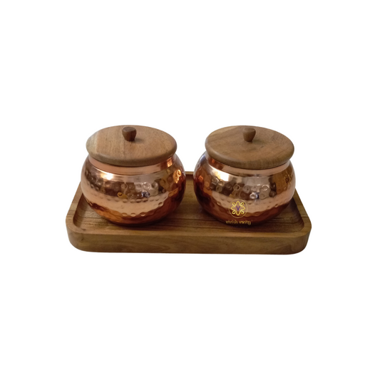 Vedh Copper Set – Wooden Tray with 2 Copper-Coated Metal Jars & Airtight Wooden Lids – Diwali Gifting | Home Decor | Housewarming Gift | Wedding Gift | Corporate Gifting