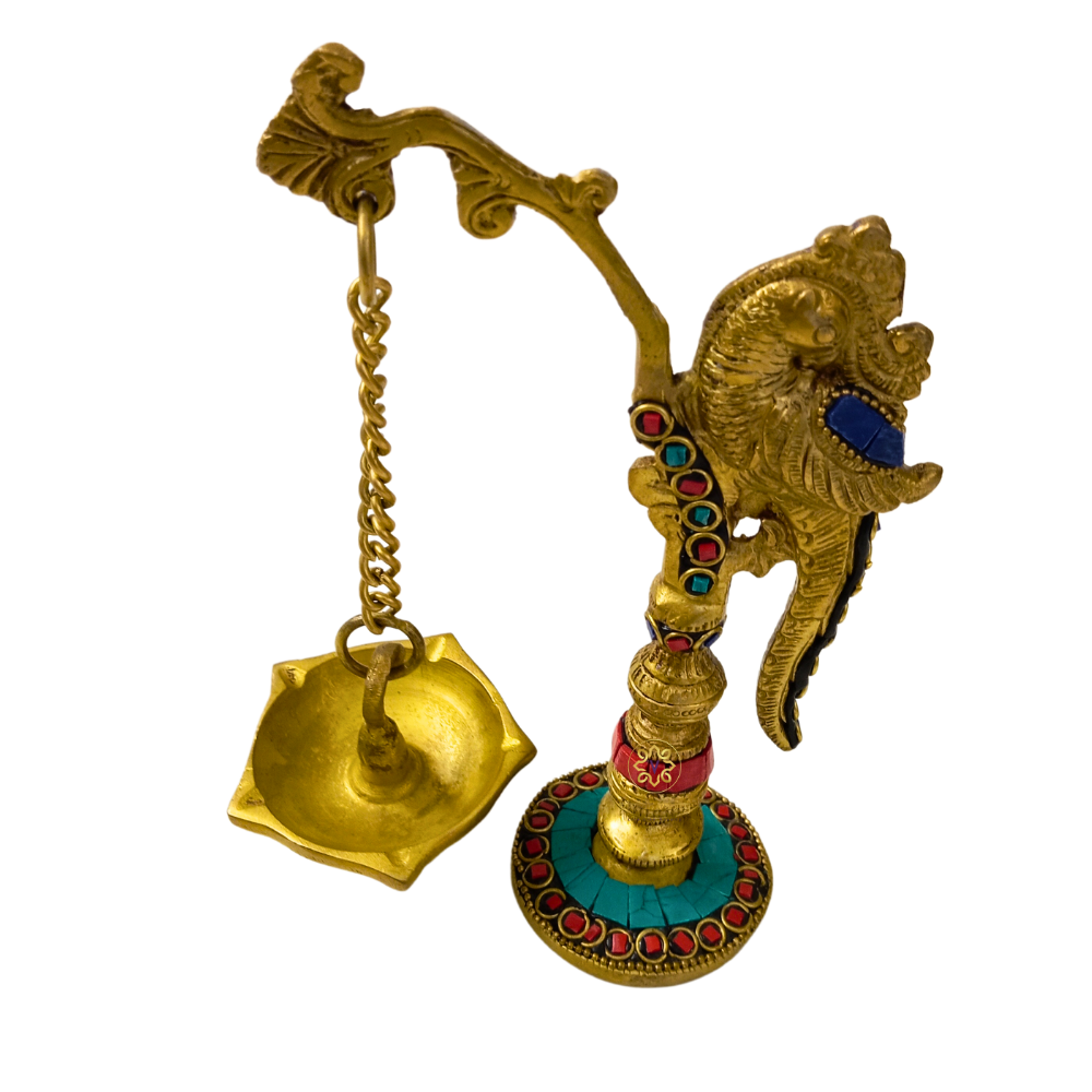 MadhuraPakshi Deep – Brass Hanging Parrot Diya Set with Stone Work – Brass | Pooja Items | Diwali Gifting | Home Decor | Housewarming Gift