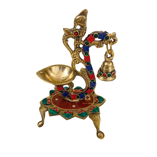 RangDeep Mayur – Brass Peacock Diya on Stand with Bell, Meenakari & Stonework – Brass | Pooja Decor | Wedding Gift | Home Decor | Housewarming Gift