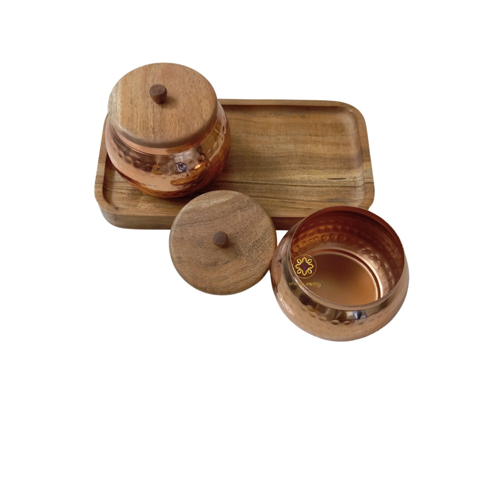 Vedh Copper Set β Wooden Tray with 2 Copper-Coated Metal Jars & Airtight Wooden Lids β Diwali Gifting | Home Decor | Housewarming Gift | Wedding Gift | Corporate Gifting