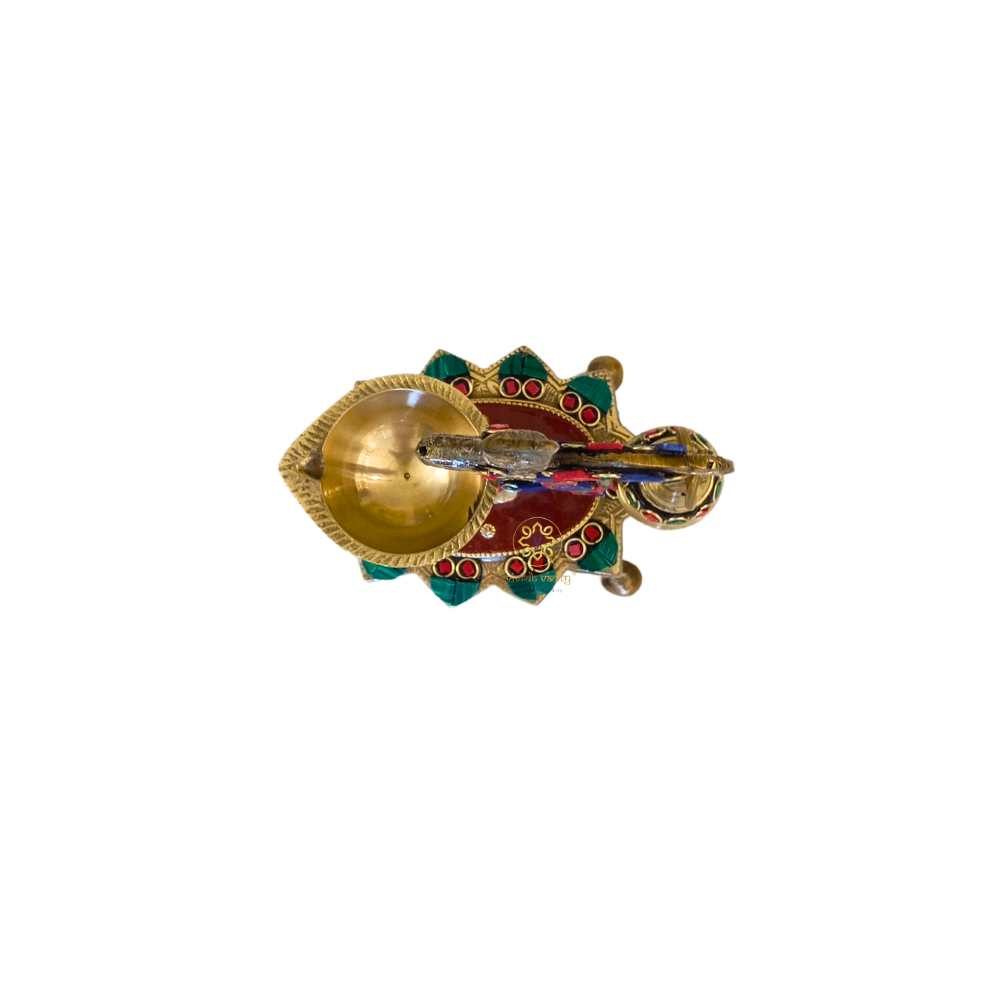 RangDeep Mayur – Brass Peacock Diya on Stand with Bell, Meenakari & Stonework – Brass | Pooja Decor | Wedding Gift | Home Decor | Housewarming Gift