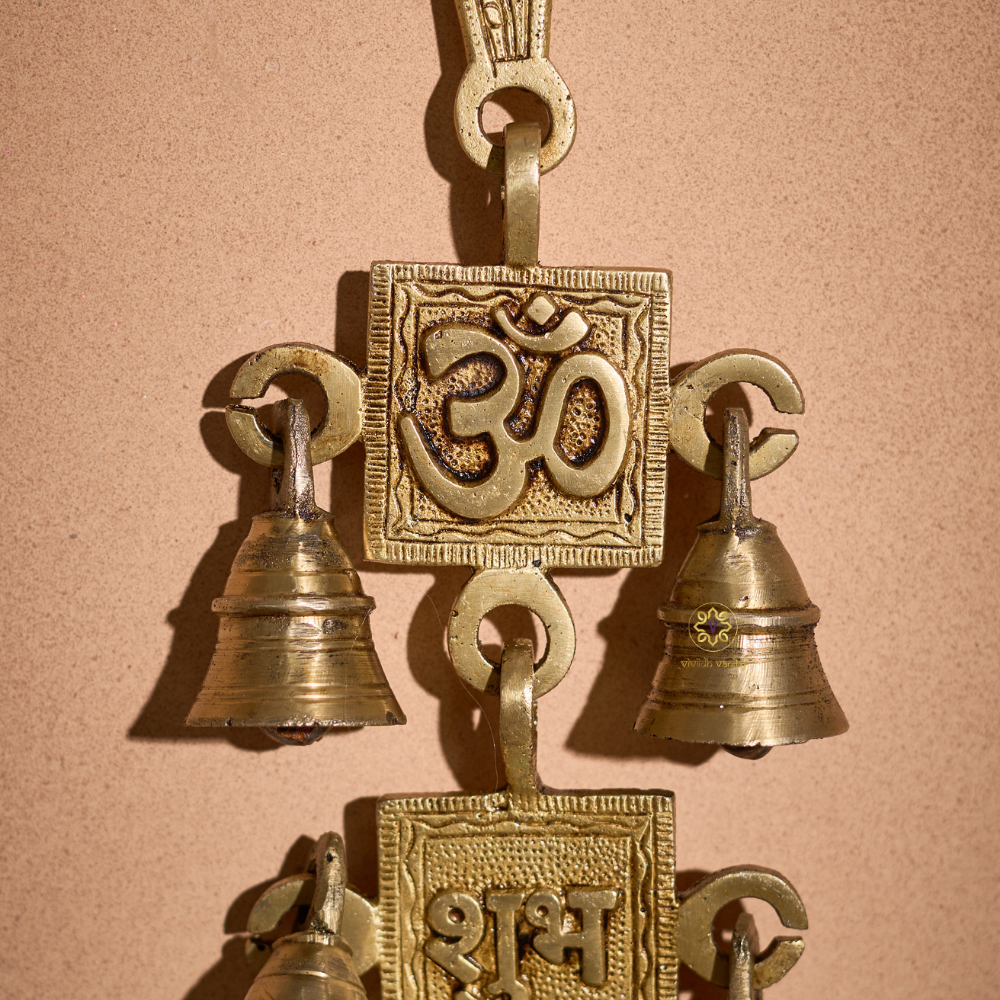 Mangalmay Om Bells – Brass Shubh Labh Wall Hanging Chime with Bells Set – Brass | Pooja Decor | Diwali Gifting | Home Decor | Housewarming Gift