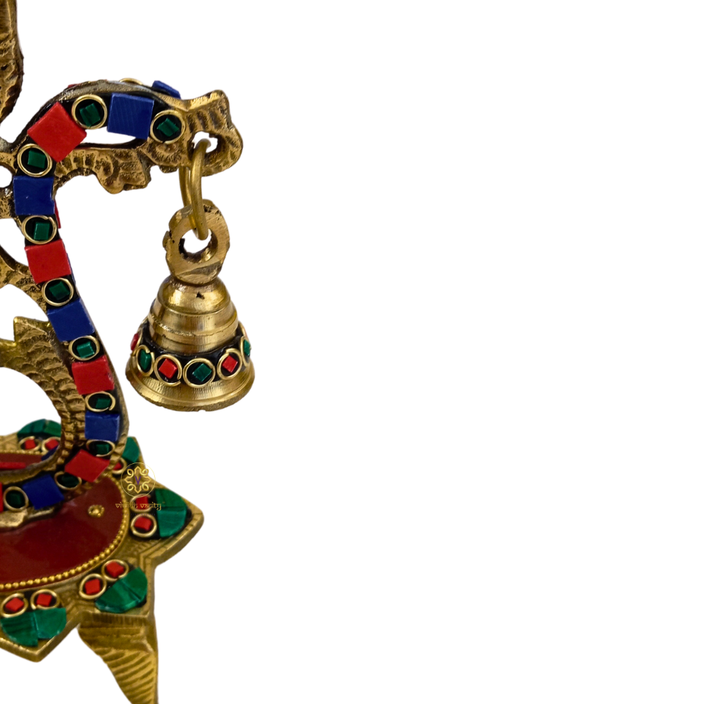 RangDeep Mayur – Brass Peacock Diya on Stand with Bell, Meenakari & Stonework – Brass | Pooja Decor | Wedding Gift | Home Decor | Housewarming Gift