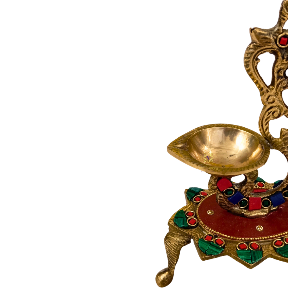 RangDeep Mayur – Brass Peacock Diya on Stand with Bell, Meenakari & Stonework – Brass | Pooja Decor | Wedding Gift | Home Decor | Housewarming Gift