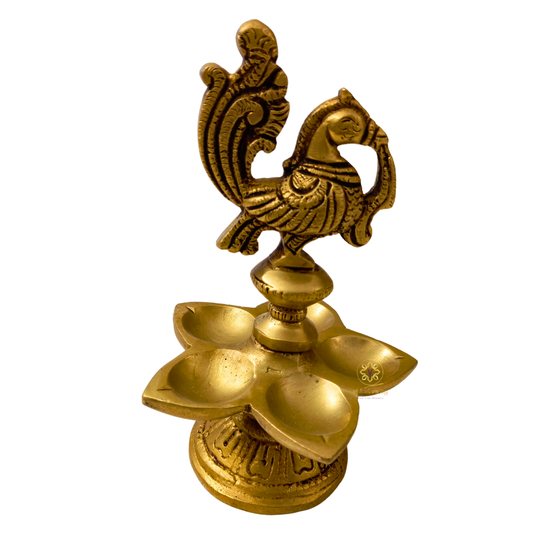 PanchJyoti Mayura – Brass Peacock Diya with 5 Wick Holders – Brass | Pooja Items | Diwali Gifting | Home Decor | Housewarming Gift