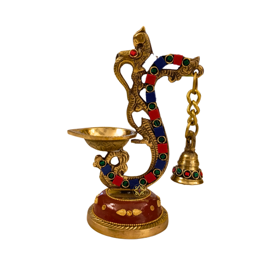 MeenMayur Deepam – Brass Peacock Diya with Bell, Meenakari & Stonework – Brass | Pooja Decor | Wedding Gift | Home Decor | Housewarming Gift
