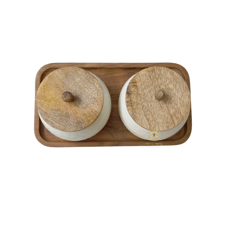 Vedh Copper Set β Wooden Tray with 2 Copper-Coated Metal Jars & Airtight Wooden Lids β Diwali Gifting | Home Decor | Housewarming Gift | Wedding Gift | Corporate Gifting