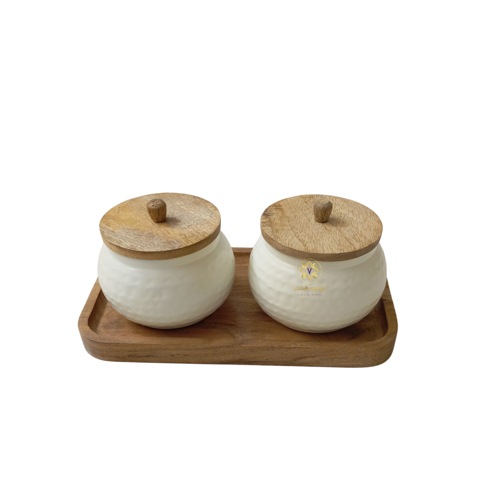 Vedh Copper Set β Wooden Tray with 2 Copper-Coated Metal Jars & Airtight Wooden Lids β Diwali Gifting | Home Decor | Housewarming Gift | Wedding Gift | Corporate Gifting