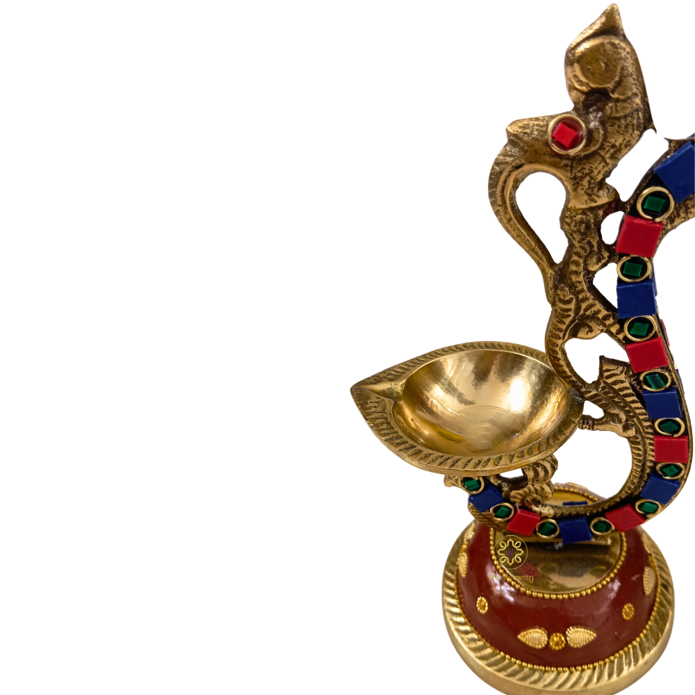 MeenMayur Deepam – Brass Peacock Diya with Bell, Meenakari & Stonework – Brass | Pooja Decor | Wedding Gift | Home Decor | Housewarming Gift