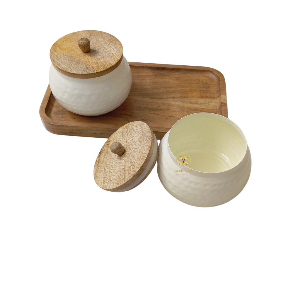 Vedh Copper Set β Wooden Tray with 2 Copper-Coated Metal Jars & Airtight Wooden Lids β Diwali Gifting | Home Decor | Housewarming Gift | Wedding Gift | Corporate Gifting