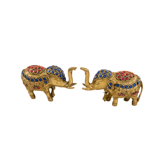 ShringarGaja Duo – Stone-Studded Brass Elephant Pair with Hanging Bells – Brass | Diwali Gifting | Home Decor | Housewarming Gift | Wedding Gift