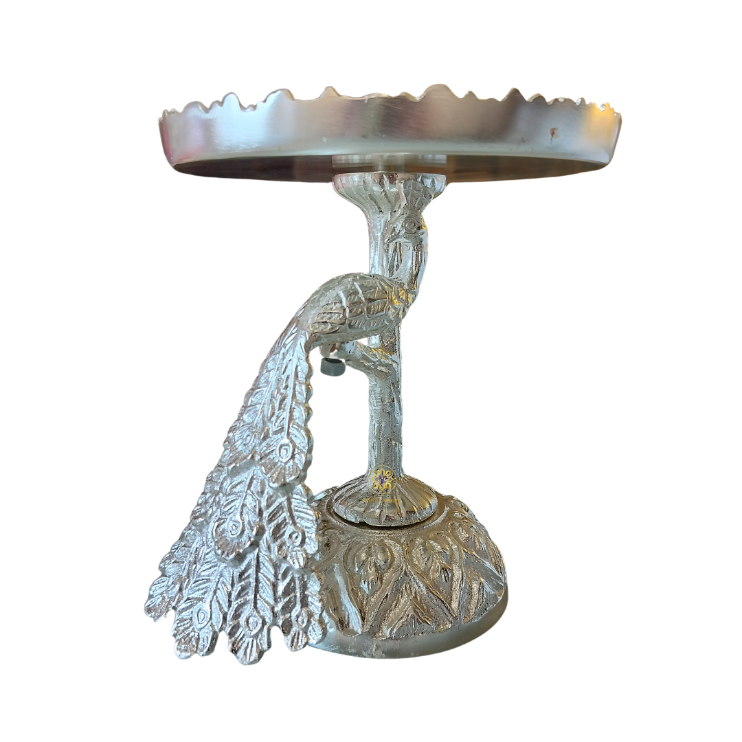 Imperial Peacock Platter β Silver-Finish Stand with Ornate Detailing for Cakes & Sweets β Dining Table Use | Diwali Gifting | Home Decor | Housewarming Gift | Wedding Gift