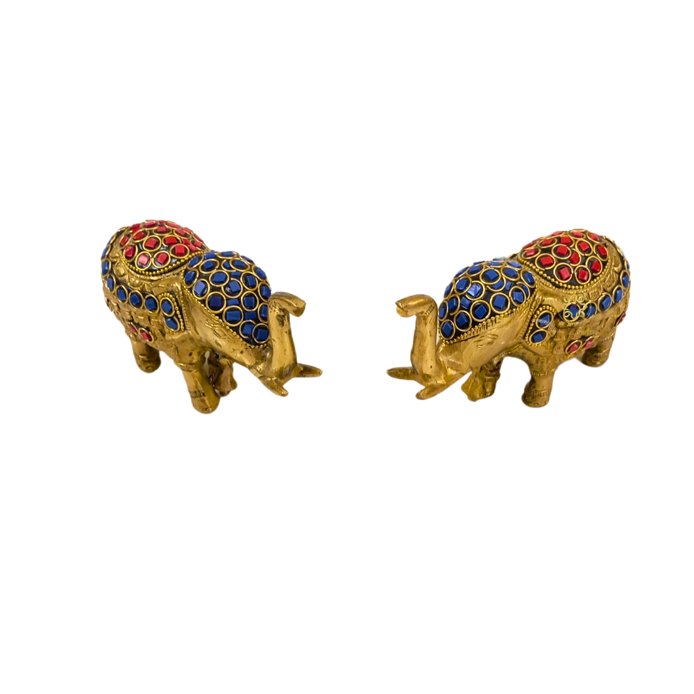 ShringarGaja Duo – Stone-Studded Brass Elephant Pair with Hanging Bells – Brass | Diwali Gifting | Home Decor | Housewarming Gift | Wedding Gift