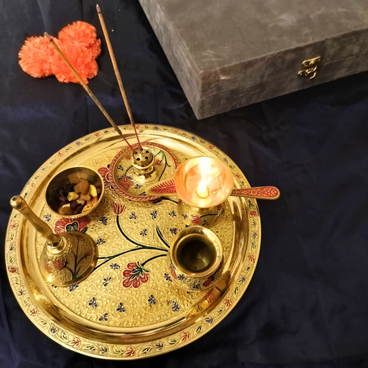 DivyaPushp Aaradhna Set – Brass Pooja Set with Floral Meenakari Detailing – Brass | Pooja Decor | Wedding Gift | Home Decor | Housewarming Gift