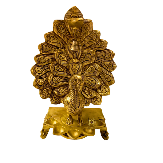 NrityaMayur Deepam – Brass Dancing Peacock Diya with Bell & 5 Wick Holders – Brass | Pooja Decor | Diwali Gifting | Home Decor | Housewarming Gift