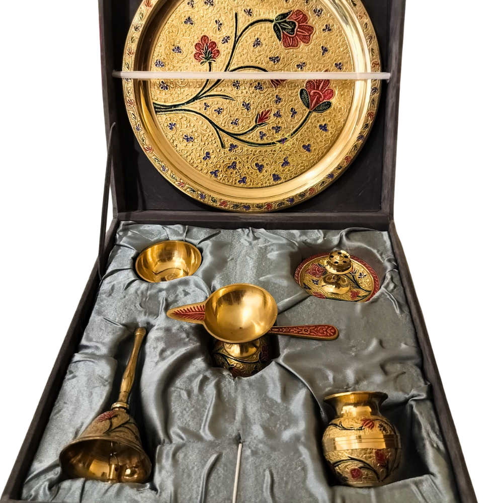 DivyaPushp Aaradhna Set – Brass Pooja Set with Floral Meenakari Detailing – Brass | Pooja Decor | Wedding Gift | Home Decor | Housewarming Gift