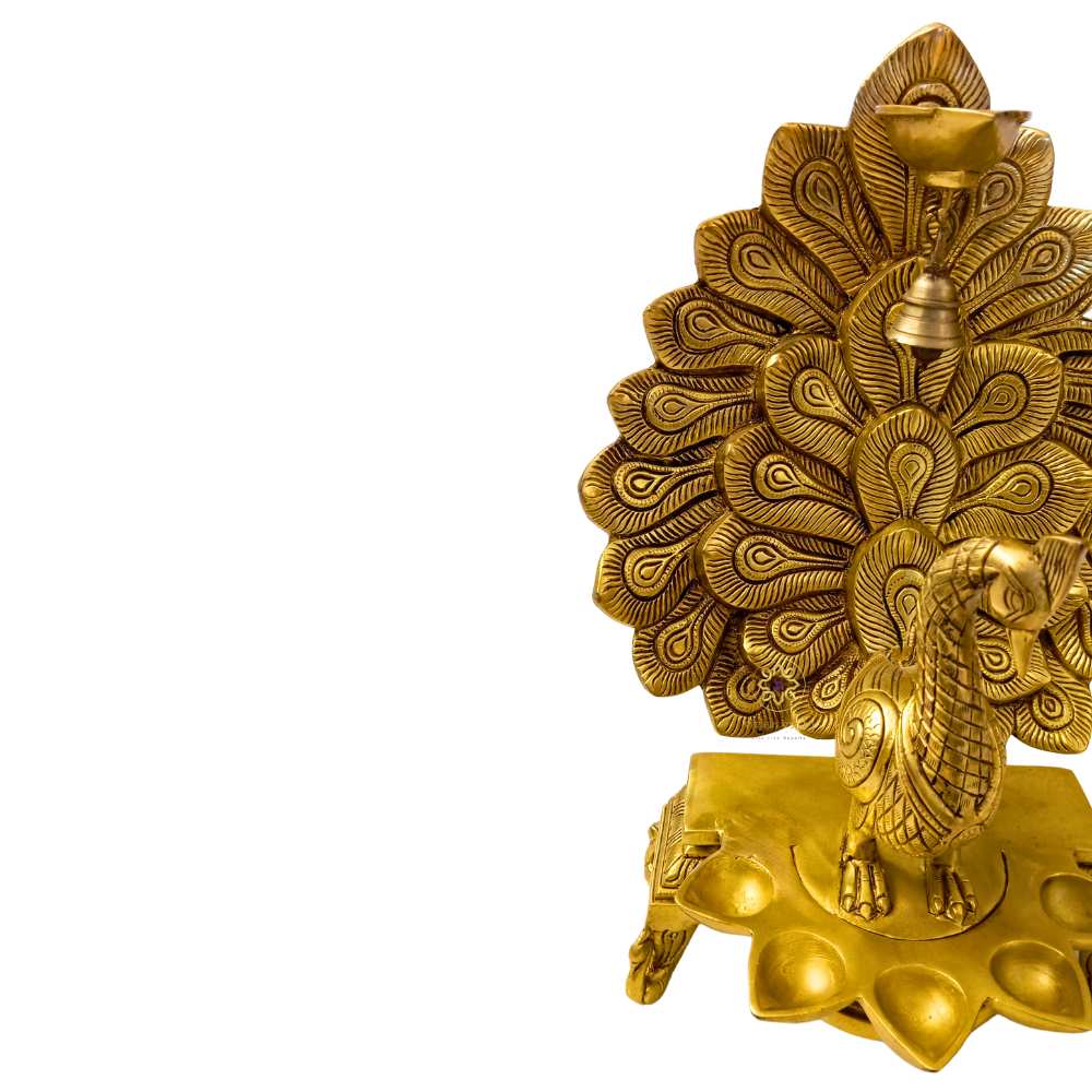 NrityaMayur Deepam – Brass Dancing Peacock Diya with Bell & 5 Wick Holders – Brass | Pooja Decor | Diwali Gifting | Home Decor | Housewarming Gift
