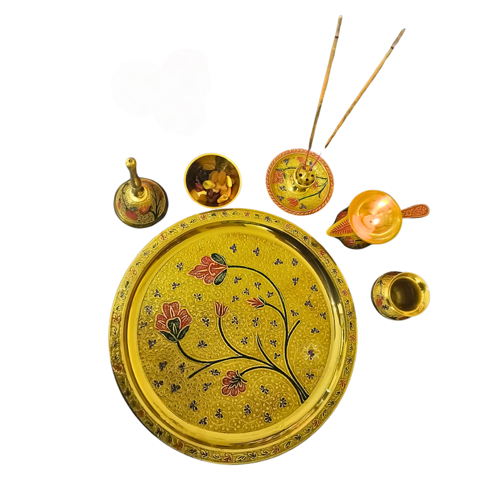 DivyaPushp Aaradhna Set – Brass Pooja Set with Floral Meenakari Detailing – Brass | Pooja Decor | Wedding Gift | Home Decor | Housewarming Gift