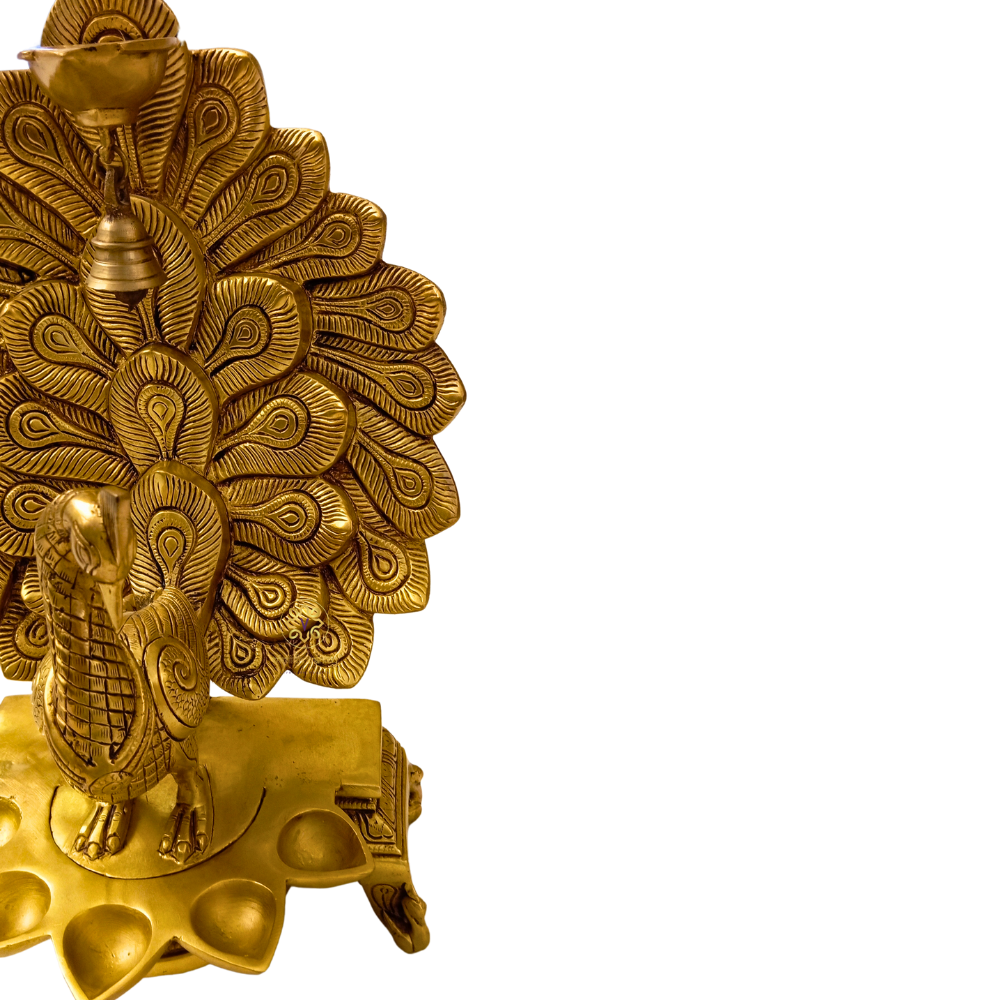 NrityaMayur Deepam – Brass Dancing Peacock Diya with Bell & 5 Wick Holders – Brass | Pooja Decor | Diwali Gifting | Home Decor | Housewarming Gift