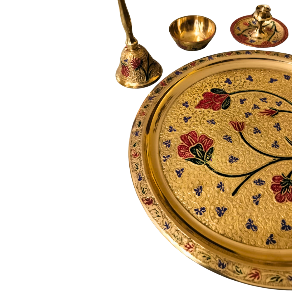 DivyaPushp Aaradhna Set – Brass Pooja Set with Floral Meenakari Detailing – Brass | Pooja Decor | Wedding Gift | Home Decor | Housewarming Gift
