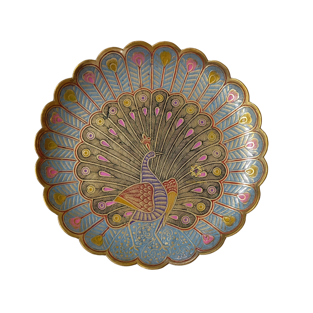 RangMayur Thaal β Large 11 inch Brass Platter with Hand-Painted Meenakari Peacock β Brass | Diwali Gifting | Home Decor | Housewarming Gift | Wedding Gift
