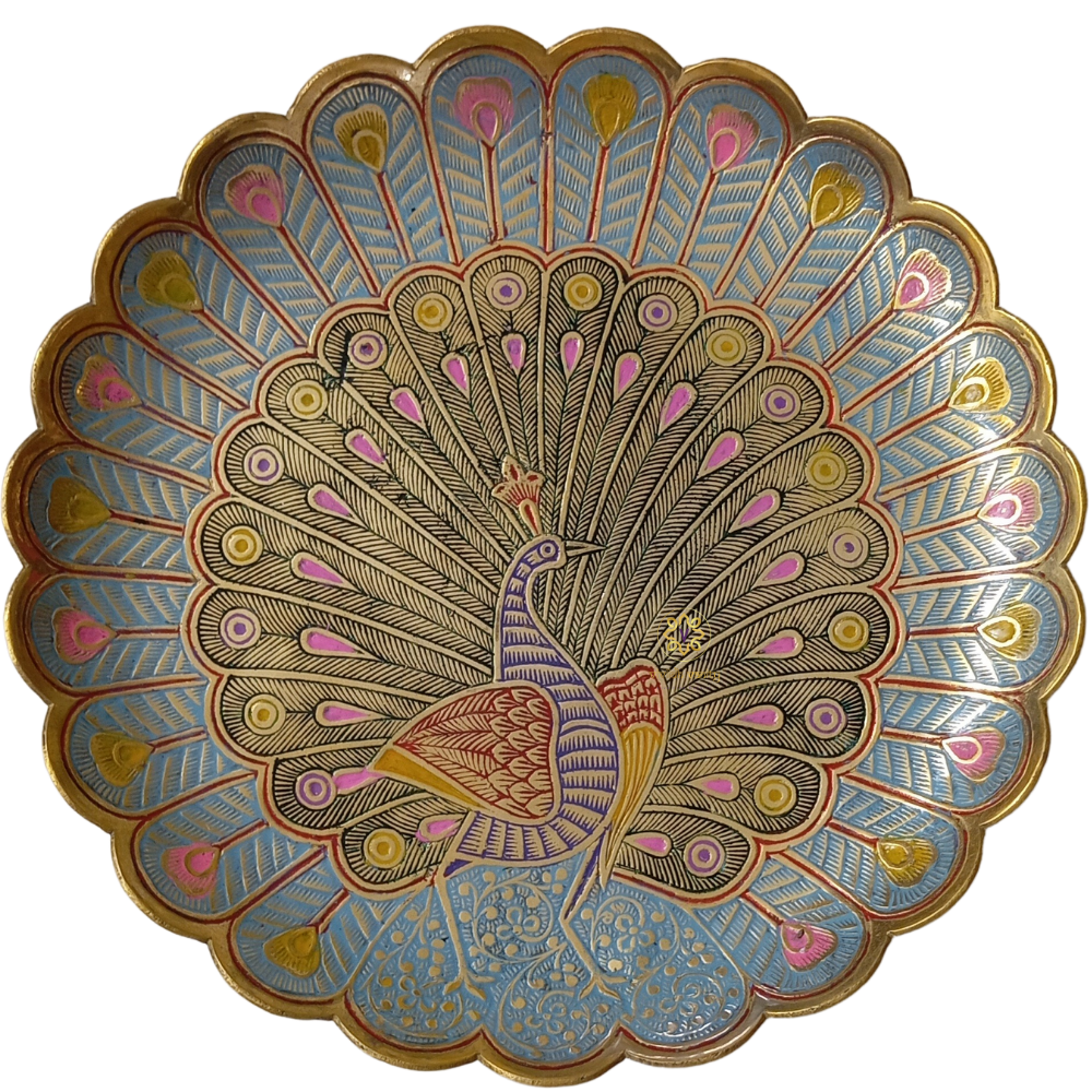 RangMayur Thaal β Large 11 inch Brass Platter with Hand-Painted Meenakari Peacock β Brass | Diwali Gifting | Home Decor | Housewarming Gift | Wedding Gift