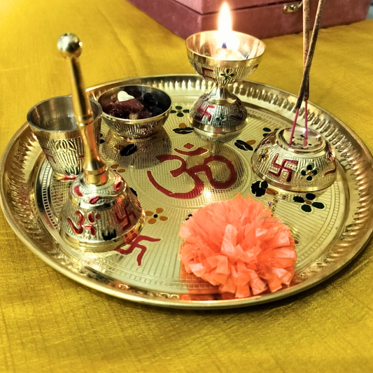 OmSiddhi Aaradhna Set – Brass Pooja Set with Om & Swastik Enamel Detailing – Brass | Pooja Decor | Premium Gifting | Home Decor