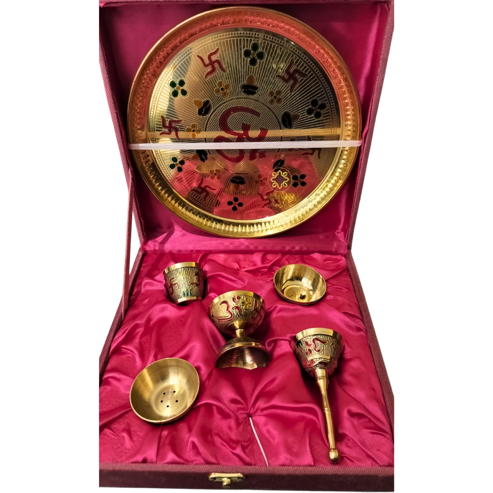 OmSiddhi Aaradhna Set – Brass Pooja Set with Om & Swastik Enamel Detailing – Brass | Pooja Decor | Premium Gifting | Home Decor
