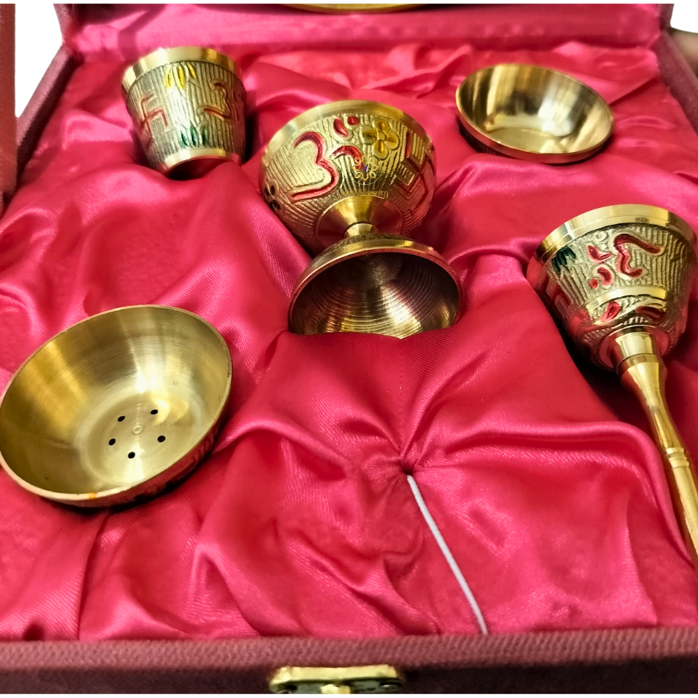 OmSiddhi Aaradhna Set – Brass Pooja Set with Om & Swastik Enamel Detailing – Brass | Pooja Decor | Premium Gifting | Home Decor