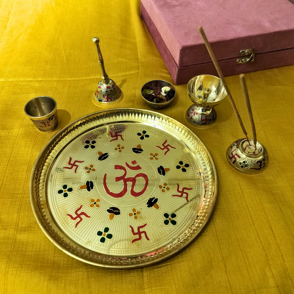 OmSiddhi Aaradhna Set – Brass Pooja Set with Om & Swastik Enamel Detailing – Brass | Pooja Decor | Premium Gifting | Home Decor