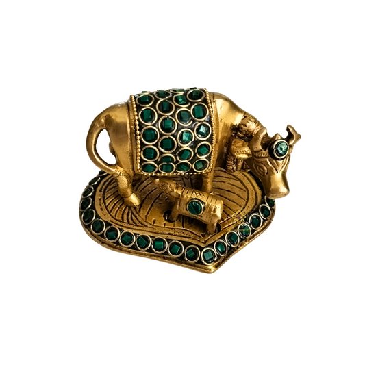 Kamdhenu Saubhagya Green Big – Stonework Finish Brass Cow-Calf Pair on Embellished Base – Brass | Diwali Gifting | Home Decor | Housewarming Gift | Corporate Gifting