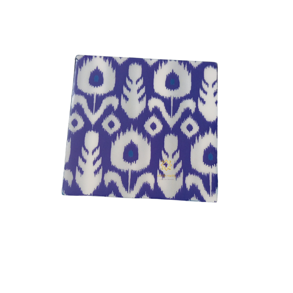 Ikkat Aura Coaster Set – Epoxy Coated MDF Coaster Set of 6 with Holder – Diwali Gifting | Home Decor | Housewarming Gift | Wedding Gift | Corporate Gifting