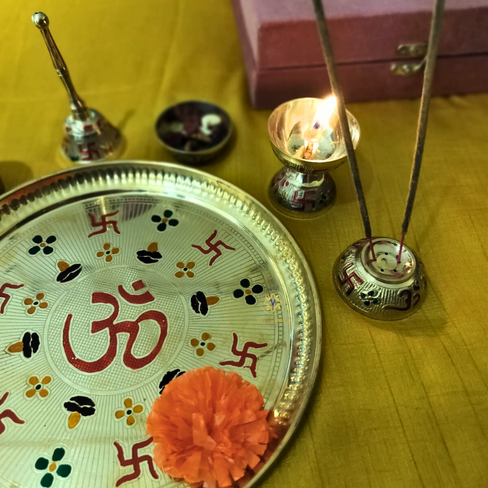 OmSiddhi Aaradhna Set – Brass Pooja Set with Om & Swastik Enamel Detailing – Brass | Pooja Decor | Premium Gifting | Home Decor