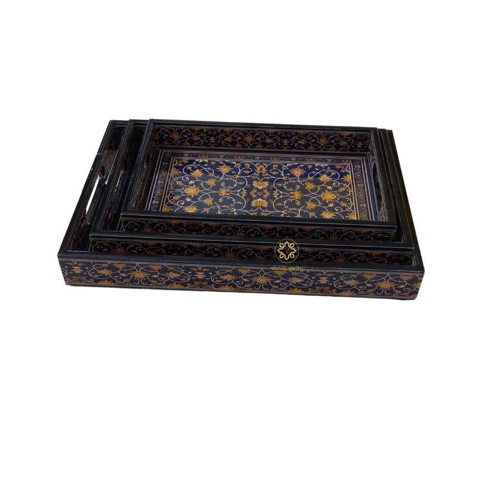 Noor-e-Neel Tray Set – Epoxy Coated MDF Rectangle Tray Set of 3 – Diwali Gifting | Home Decor | Housewarming Gift | Wedding Gift | Corporate Gifting