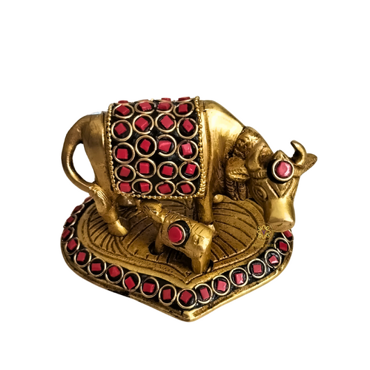 Kamdhenu Saubhagya Red Big – Stonework Finish Brass Cow-Calf Pair on Embellished Base – Brass | Diwali Gifting | Home Decor | Housewarming Gift | Corporate Gifting