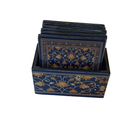 Noor-e-Neel Coaster Set – Epoxy Coated MDF Coaster Set of 6 with Holder – Diwali Gifting | Home Decor | Housewarming Gift | Wedding Gift | Corporate Gifting