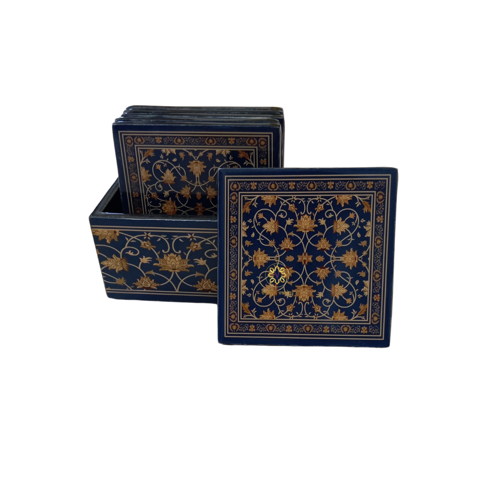 Noor-e-Neel Coaster Set β Epoxy Coated MDF Coaster Set of 6 with Holder β Diwali Gifting | Home Decor | Housewarming Gift | Wedding Gift | Corporate Gifting