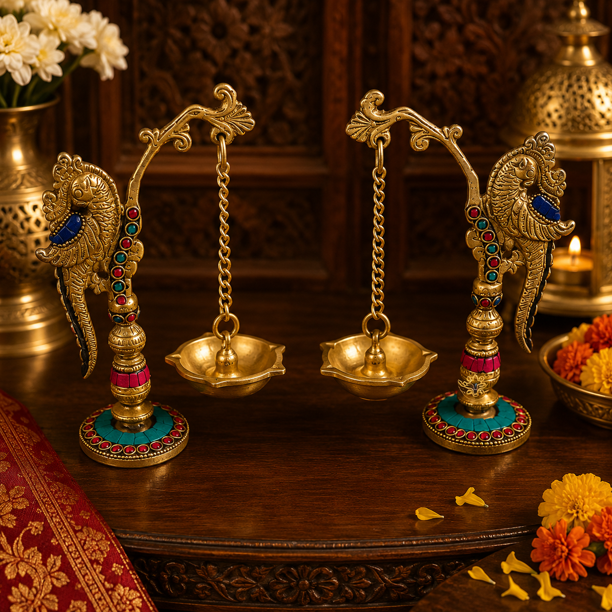 MadhuraPakshi Deep – Brass Hanging Parrot Diya Set with Stone Work – Brass | Pooja Items | Diwali Gifting | Home Decor | Housewarming Gift