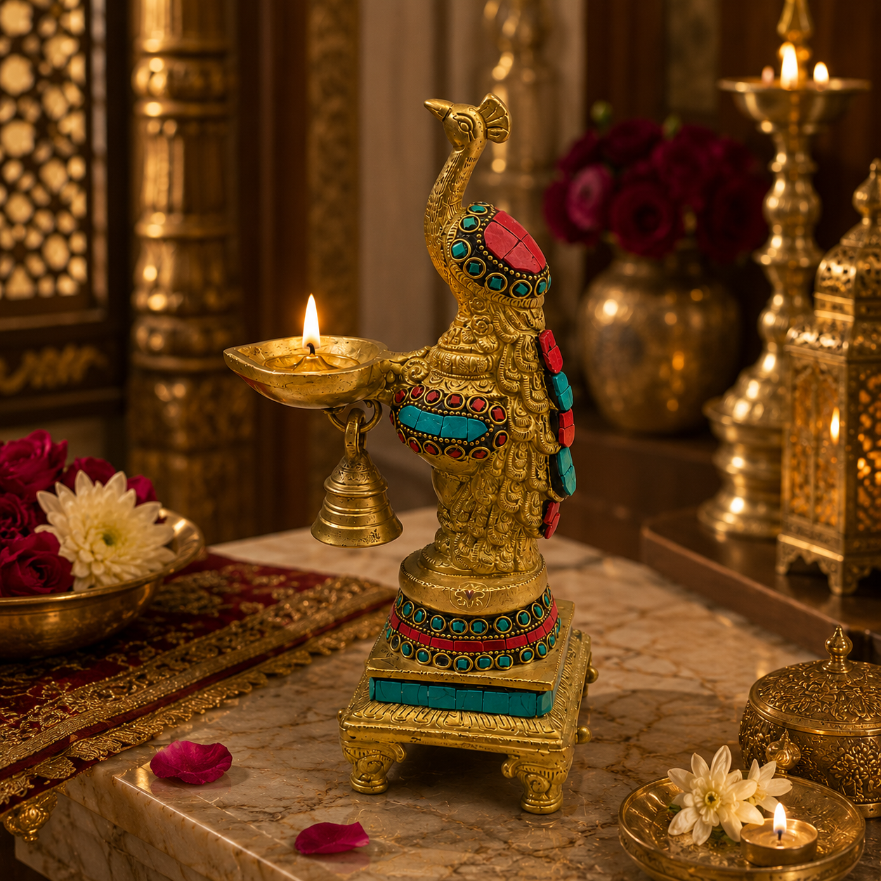DivyaMor Diya – Pure Brass Peacock Diya with Stone Work – Brass | Pooja Items | Diwali Gifting | Home Decor | Housewarming Gift