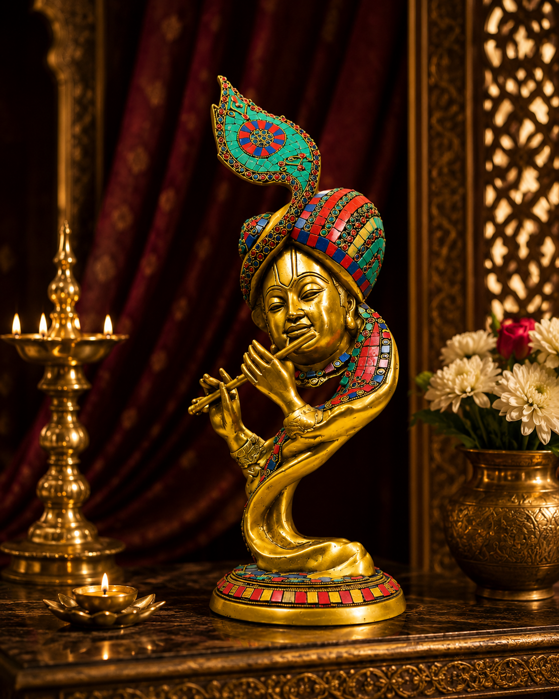 Shri Ratna MurliManohar – Pure Brass Krishna Idol with Semi-Precious Stone Work – Brass | Pooja Items | Diwali Gifting | Home Decor | Housewarming Gift