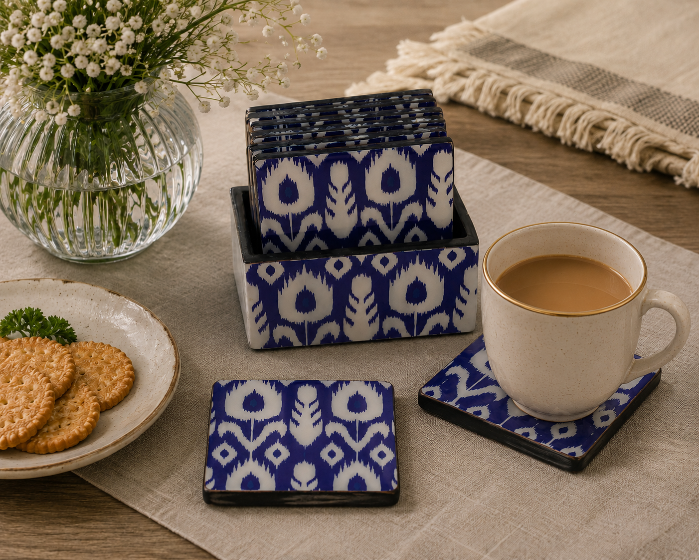 Ikkat Aura Coaster Set – Epoxy Coated MDF Coaster Set of 6 with Holder – Diwali Gifting | Home Decor | Housewarming Gift | Wedding Gift | Corporate Gifting