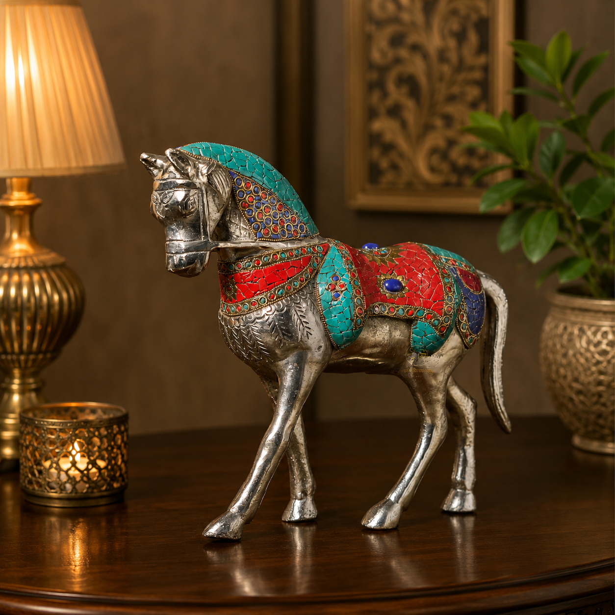 Raj Vilas Ghoda β Silver Finish Metal Horse with Handcrafted Stonework β Premium Gifting | Home Decor | Vastu Decor | Feng Shui