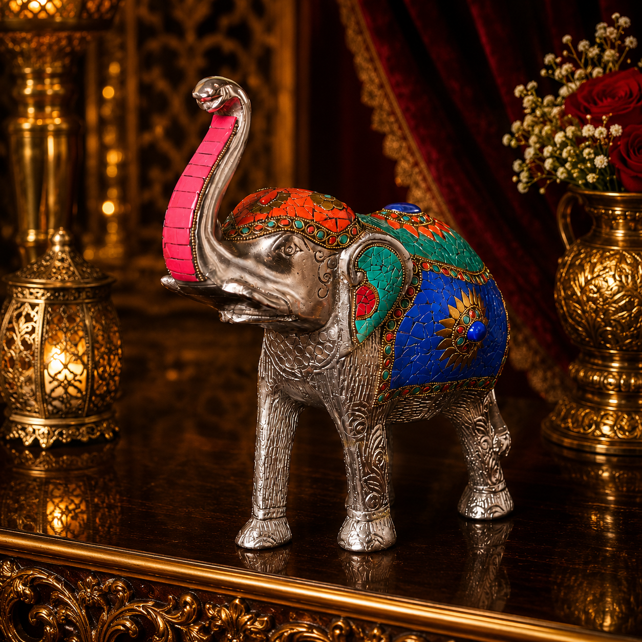 Raj Vilas Hathi β Silver Finish Metal Elephant with Handcrafted Stonework β Pooja Decor | Dining Table Use | Premium Gifting | Home Decor | Vastu Decor | Feng Shui