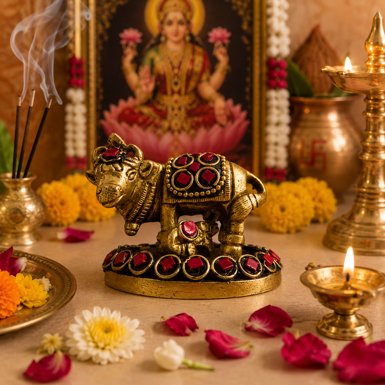 Kamdhenu Saubhagya Red Small – Stonework Finish Brass Cow-Calf Pair on Embellished Base – Brass | Diwali Gifting | Home Decor | Housewarming Gift | Corporate Gifting