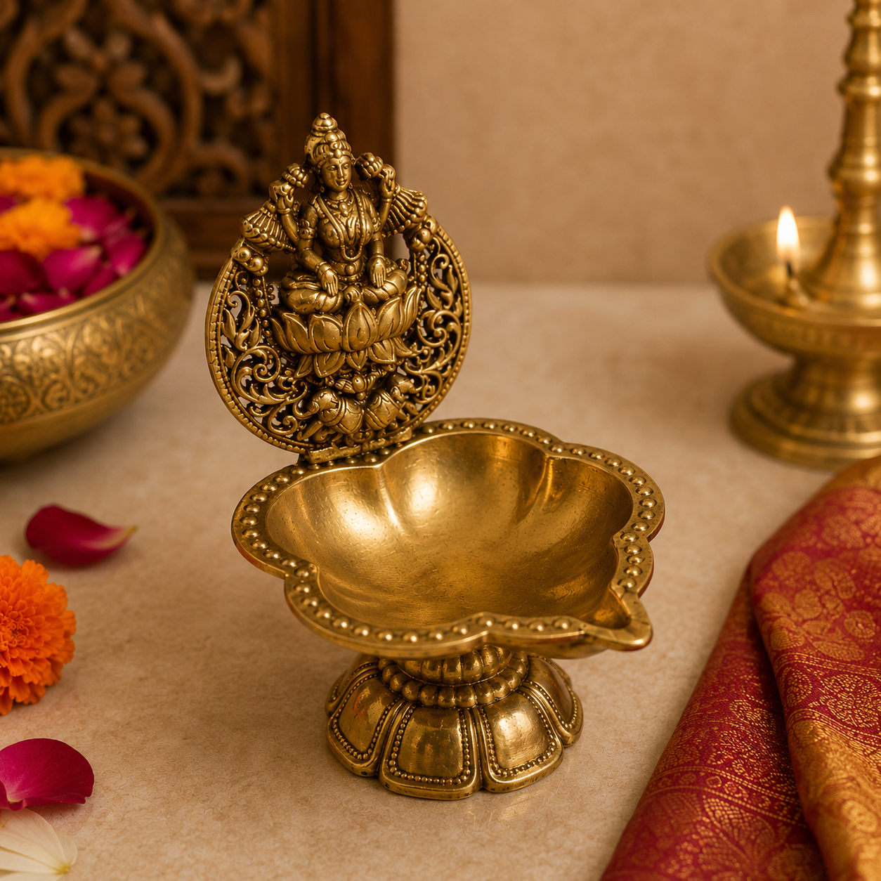 Lakshmi Kamal Diya – Brass Diya with Goddess Lakshmi Seated on Lotus – Brass | Pooja Decor | Premium Gifting | Home Decor