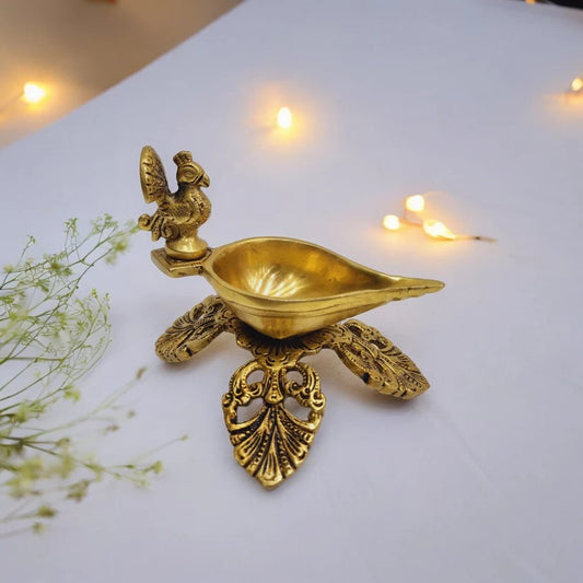 Mor Shringar Diya – Brass Diya with Intricate Feather Motifs – Brass | Pooja Decor | Premium Gifting | Home Decor