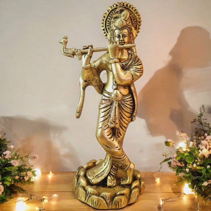 Murali Manohar – Brass Krishna Idol in Graceful Flute-Playing Pose – Brass | Pooja Decor | Housewarming Gift | Home Decor