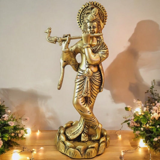 Murali Manohar – Brass Krishna Idol in Graceful Flute-Playing Pose – Brass | Pooja Decor | Housewarming Gift | Home Decor
